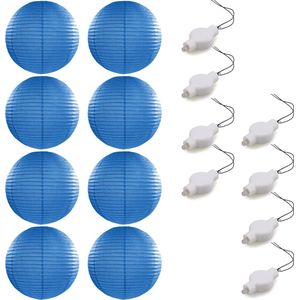 Setje van 8x stuks luxe blauwe bolvormige party lampionnen 35 cm met lantaarnlampjes - Feest decoraties/versiering