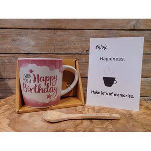 Happy Birthday-Verjaardag-Bamboe Maatlepel-Feest-Gefeliciteerd-jarige job-cadeauset-mok-beker-theemok-koffiebeker-giftset-vrouwencadeau-mannencadeau-hieper de piep