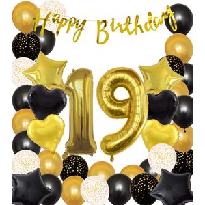 Snoes Ballonnen 19 Jaar Black Gold Dots Mega Ballon - Compleet Feestpakket Goud Zwart Stippen Cijferballon 19 - Verjaardag Versiering DIY Slinger Happy Birthday – Folieballon – Latex Ballonnen - Helium Ballonnen