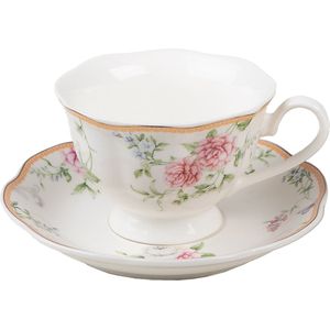 Clayre & Eef Kop en schotel Set van 2 220 ml Wit Roze Porselein Servies