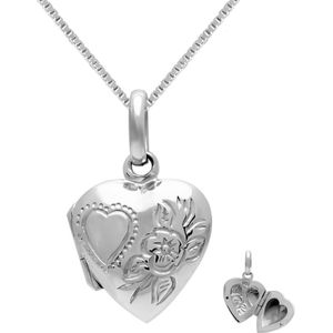 Zilveren ketting vrouw | Zilveren ketting, hart medaillon sierlijk bewerkt met hart en bloem