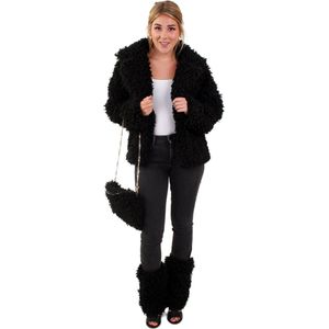 PartyXplosion - Landen Thema Kostuum - Zwarte Bontjas Lammy Siberische Toendra Vrouw - Zwart - Maat 44-46 - Carnavalskleding - Verkleedkleding