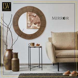 LW Collection wandspiegel bruin rond 80x80 cm hout - grote spiegel muur - industrieel - woonkamer gang - badkamerspiegel - muurspiegel slaapkamer houten rand - hangspiegel met luxe design