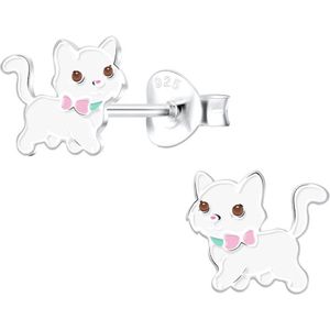 Oorbellen meisje | Zilveren kinderoorbellen | Zilveren oorstekers, witte kat met roze strikje