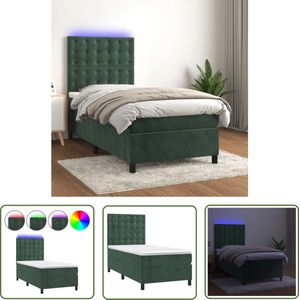 The Living Store Boxspring met matras en LED fluweel donkergroen 90x200 cm - Boxspring - Donkere Kleuren - Fluweel - Led Verlichting - Pocketveer Matras
