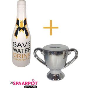 Champagnefles Spaarpot (Wit) + Trofee Beker Spaarpot (Zilver) | spaarpot jongen meisje, spaarvarken, spaarpotten volwassenen, kerst sinterklaas cadeau verjaardag