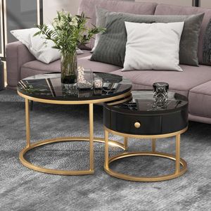 Roggi® Salontafel Met Lade - Bijzettafel – Salontafels Rond - Set van 2 - Luxe Design - Sofa Tafel - Woonkamer Tafel – Nesting Table – Koffietafel – Gouden Frame – Hoogglans Marmeren Patroon - Zwart - 70 x 70 x 48 cm + 50 x 50 x 43,5 cm