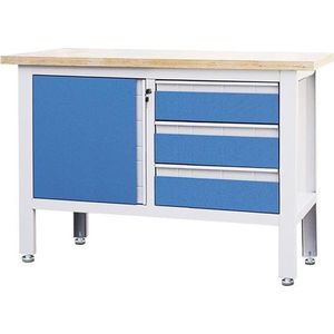 George Tools werkbank 120 cm - Werktafel met 3 laden, 1 opbergkast en multiplex werkblad - Blauw