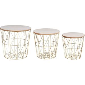 Set van 3 Moderne Bijzettafels met Metalen Mand en Deksel - Gouden Draadmanden en Houten Accenten voor Stylish Opslag