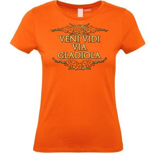 Dames T-shirt Veni Vidi Via Gladiola | Vierdaagse shirt | Wandelvierdaagse Nijmegen | Roze woensdag | Oranje | maat XS