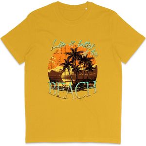T Shirt Dames Heren - Zomer Print Life Is Better At The Beach - Geel - XL
