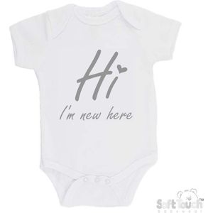 100% katoenen Romper ""Hi I'm new here"" Met Een Hartje Unisex Katoen Wit/grijs Maat 62/68