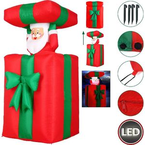 Kerstman in cadeau, 152cm hoog, met LED verlichting, opblaasbaar, beweegt op en neer, voor binnen en buiten, kerst