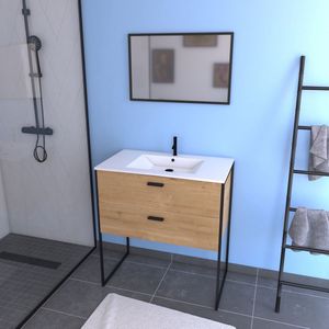 AURLANE badkamermeubel industriële stijl natuurlijke eiken kleur - witte wastafel en spiegel incl. - INDUSTRY BROWN 80