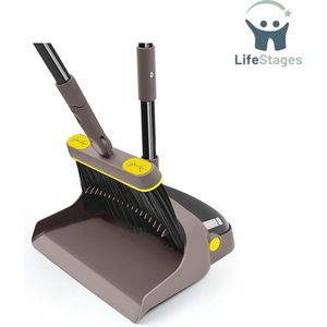 LifeStages - Veegborstel - Bezem en Stoffer Set met Lange Steel - 180 Graden Draaien - Veegbezem - Opening Schopstaart - 138CM - Bruin
