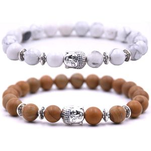 Kralen armband buddha bedel (boedha) - Armband dames / heren / unisex - Natuursteen kralen bandje - Elastiek 19 cm - 8mm stenen - Armbandenset (2 stuks) - Wit marmer & bruin