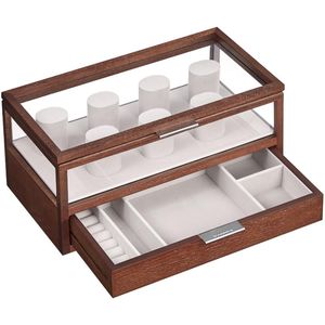 2-laags Horlogebox met Acryl Deksel - Horlogekast met 7 Horlogekussens - 1 Lade - Fluweelvoering - Geschenkidee voor je Geliefde - Koffiebruin - 18cm x 35.2cm x 16cm