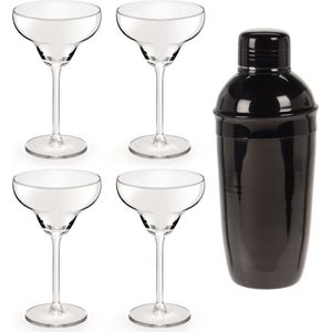 4x Cocktailglazen / Margarita glazen transparant 300 ml + Cocktailshaker zwart 500 ml RVS - Cocktails maken - Mix/shake bekers