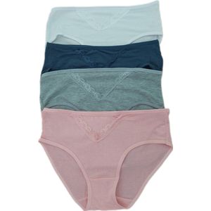 Dames - Ondergoed - Slips - 47.5% Katoen& 47.5% Polyester - 4 Stuks - Met Kant - Hoge Taille - Kleur - Roze, Wit, Grijs, Blauw- Maat 46