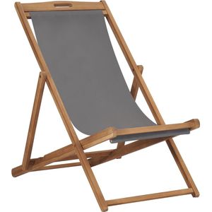 ligstoel - teakhout - grijs - bruin - duurzaam - strandstoel - camping - weerbestendig - tuinmeubel - stoffen zitting - massief - comfortabel - inklapbaar - 56 x 105 x 96 cm