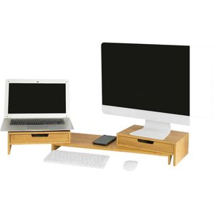 Verstelbare Bamboe Monitorstandaard - Dubbele Monitorverhoger - Bureau-organizer met Laden - Draaibare Zijkanten - Kabelbeheer - 60-108cm x 11cm x 22cm