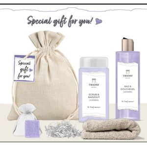 Geschenkset “Special Gift for You!” - 5 producten - 1000 gram | Triomf Original - Giftset Lavendel voor haar - Cadeau Speciaal voor jou - Luxe wellness cadeaubox - Cadeaupakket Vrouw Set Douchegel Scrubzout Amberblokje - Verjaardag Kerst Pakket Paars