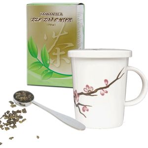 cadeau set voor vrouw, vriendin of oma bestaande uit 250 gram losse groene thee theebeker Sakura 300 ml plus stalen maatlepel.