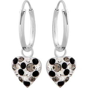 Oorbellen meisjes zilver | Zilveren oorbellen met hanger, hartje met kristallen in grijs en zwart
