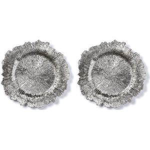 2x Ronde zilveren kaarsenplateaus/kaarsenborden asymmetrisch 33 cm - onderborden / kaarsenborden / onderzet borden voor kaarsen