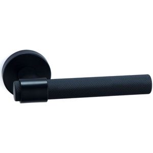 SAAR Systems deurkruk - klink gekarteld zwart mat geborsteld met ronde rozetten - complete set.