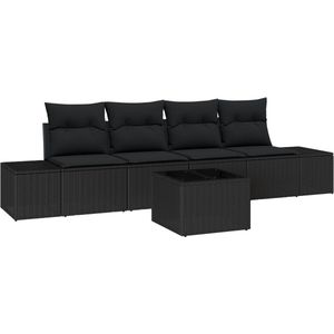 vidaXL - 5-delige - tuinsofa - set - met - kussens - zwart - poly - rattan