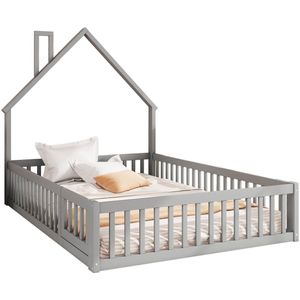 Merax Kinderbed Tweepersoonsbed in Huisvorm met Schoorsteen - 140x200 cm - Bed met Veiligheidshekken - Grijs