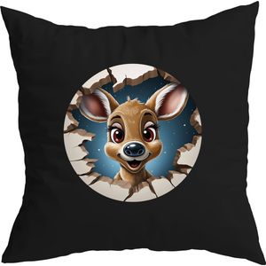 Zwarte kerst kussenhoes met Full color Hertje met Kerstmuts in Sneeuwbal (envelop sluiting 40 x 40)