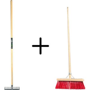 Synx Tools Tuinhark 12 Tanden verzinkt + Nylon Straatbezem 35 cm - Kunststof haren - Bodembewerkers - Onkruidverwijderaar – Schrobborstels – Buitenbezem met steel 150 cm – Hark met steel 150 cm