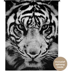 Wandkleed Close-up Dieren in Zwart-Wit - Sumatraanse tijger tegen zwarte achtergrond in zwart-wit Wandkleed katoen 150x200 cm - Wandtapijt met foto