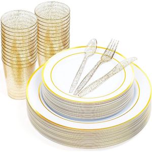 MATANA 150-delig Plastic Feestservies - 50 Witte Feestborden met Gouden Rand (2 Maten), 25 Lepels, 25 Vorken, 25 Messen, 25 Feestbekers - Bruiloften en Verjaardagen