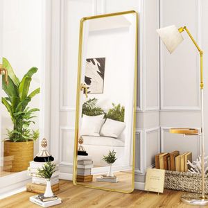 Diep frame, staande spiegel, 163 x 53 cm, luxe ronde hoeken, vloerspiegel met robuust nano-glas, aan de muur gemonteerde full-body spiegel horizontaal of verticaal gehangen, goud