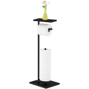Vrijstaande toiletpapierhouder met plank voor badkamer - roestvrijstalen buizen en houten planken - zwart