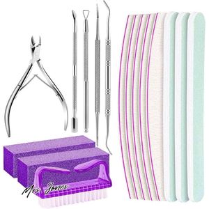 Mrs. Jones Nagelvijlset professionele manicure pedicureset - Nagelriemen verwijderen - Thuis en nagelstudio - 16 stuks .
