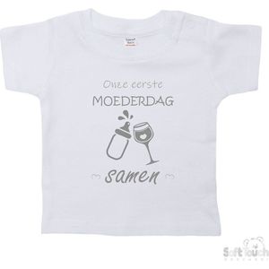 Soft Touch T-shirt Shirtje Korte mouw ""Onze eerste moederdag samen!"" Unisex Katoen Wit/grijs Maat 62/68
