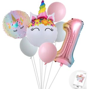 Eenhoorn Unicorn Sweet Color Ballonnen Set - Snoes - Cijfer Ballon 1 Jaar - Roze - Wit - Pastel