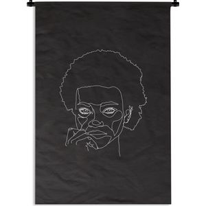 Wandkleed Line-art Vrouwengezicht - 24 - Line-art illustratie vrouw met afro op een zwarte achtergrond Wandkleed katoen 60x90 cm - Wandtapijt met foto