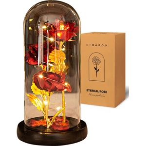 Beauty Rose Eeuwige Roos in Glazen Stolp met LED - Rozen Goud & Rood - Moederdag Cadeautje Liefdes Cadeau Boeket dames - Verjaardag Cadeau Vrouw, Moeder, Mama, Vriendin, Oma - Kunstbloemen buiten - Nepbloemen - Bruiloft - Housewarming - Huwelijk