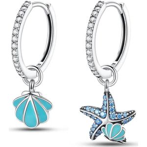 Oorbellen zeester - schelp - vrouw - tiener - blauw - zilver - glinster - diamant