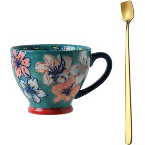 Handgeschilderde mok 350ml - Flower Art cup koffiekopje hoge kwaliteit porseleinen mok met oude ontwerp gouden lepel (stijl 20)