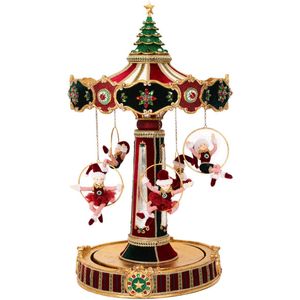 Katherine's Collection Kerstdecoratie - Draaimolen Twelve Days of Christmas - vijf gouden ringen met kerstelfjes - rood groen goud - 64cm - collector's item