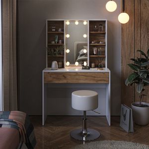 Vicco Make-uptafel set met kruk Alexa, Eik goud/wit, cm met LED-verlichting en kruk