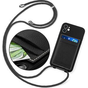 Wondersathome® Telefoonkoord met Creditcardhouder Zwart Grijs - Luxe Leren Pasjeshouder met Koord - Universeel - Opplakbaar telefoonkoord met Pasjeshouder - verstelbare afneembare schouderhals crossbody - Kaarthouder - telefoon ketting