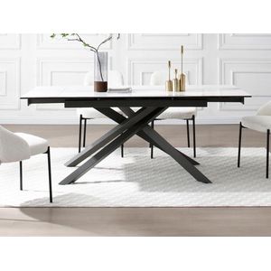 Vente-unique Verlengbare eettafel 4 tot 8 plaatsen van keramiek, gehard glas en metaal - Wit marmereffect en antraciet - COREMA van Maison Céphy L 190 cm x H 76 cm x D 90 cm