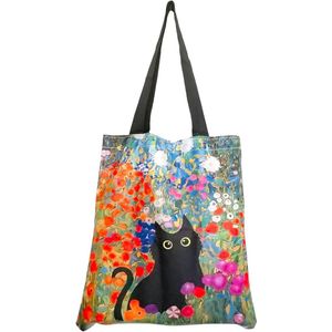 Canvas draagtas voor meisjes - Herbruikbare boodschappentassen 33 x 40 cm - Schattig kattendesign - Zwart